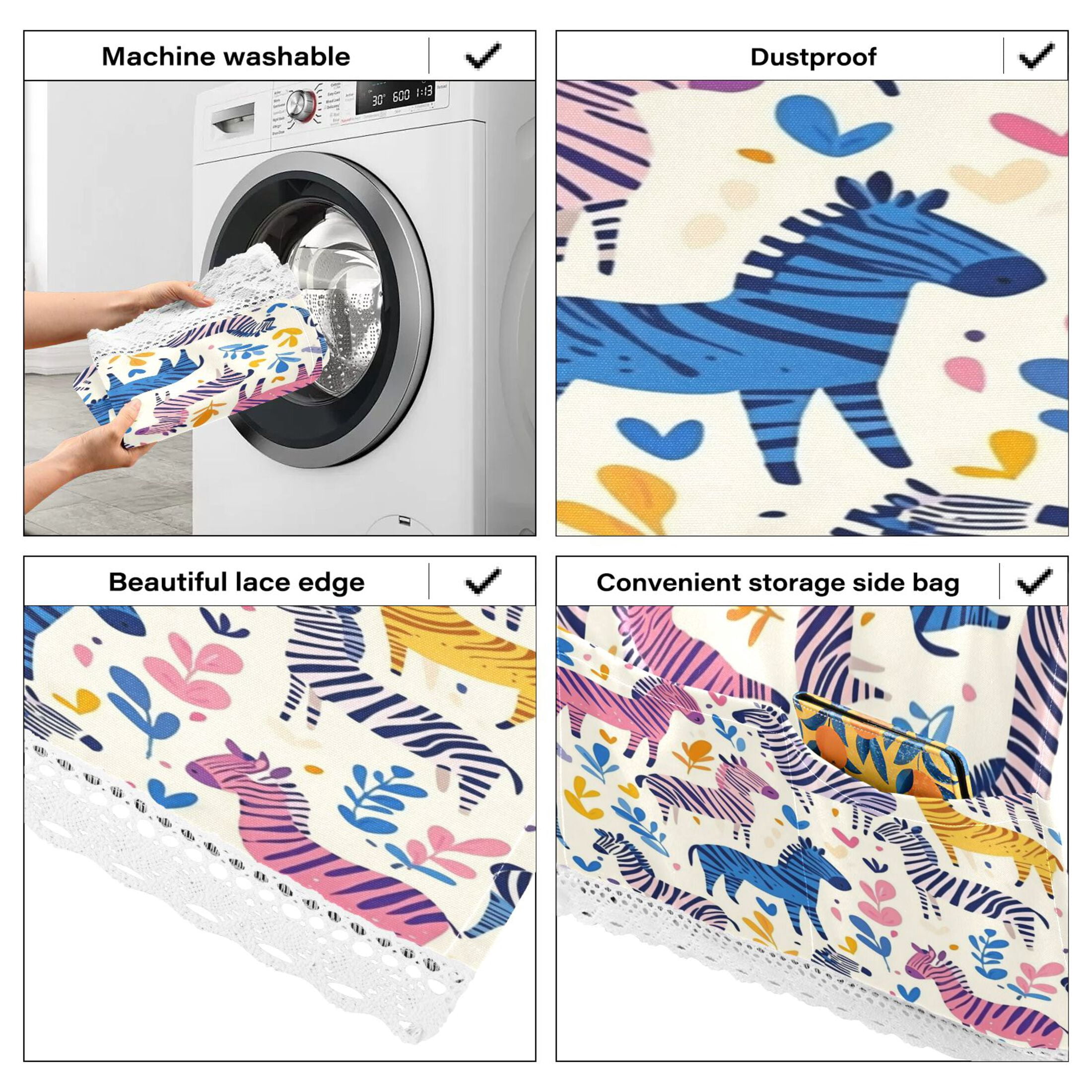 Colorful Lovely ZebraWasher and Dryer Covers Dust-Proof and Oil Resistant Fridge Cover with 4 Storage Pockets Washing Machine Top Cover for Laundry Kitchen Home 51.2 x 22 In