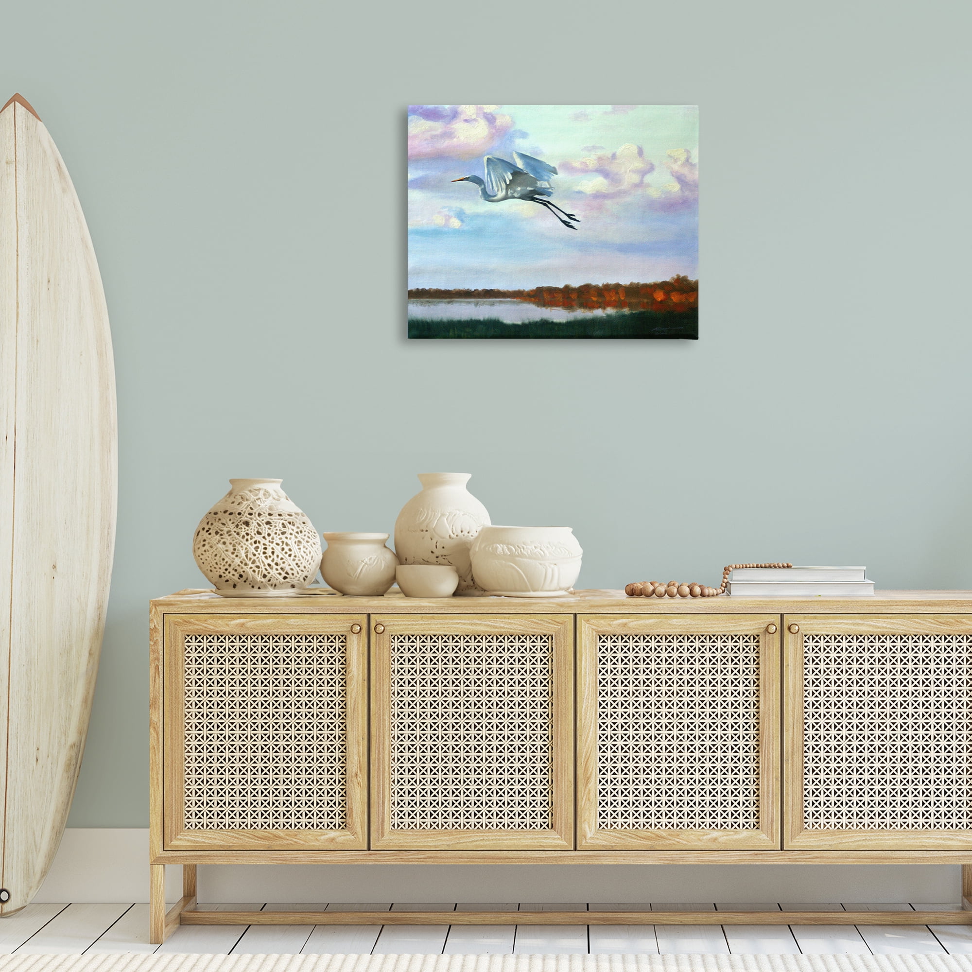 Stupell Industries Egret Over Lake Shore Landscape Painting Gallery Wrapped Canvas Art Print Wall Art, 30 x 24