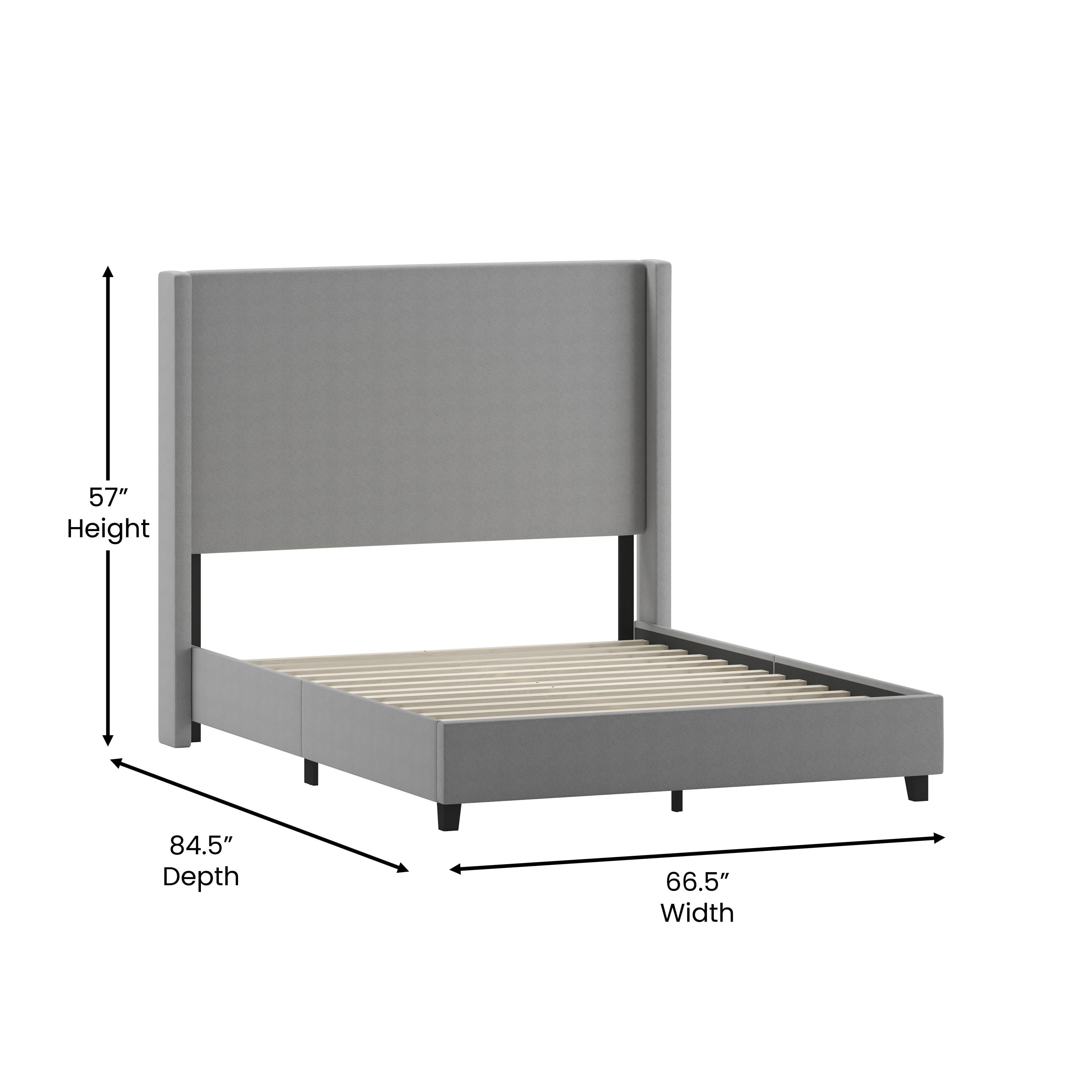 Merrick Lane Modern Queen Size Platform Bed Frame with Padded Faux Linen Upholstered Wingback Headboard and Wood Support Slats in Gray