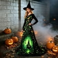 thumbnail image 2 of Witch Dress for Women Halloween Long Sleeve Lace V Neck Vintage Gothic Maxi Dress Allover Halloween Print Haunted House A Line Party Dress, 2 of 6