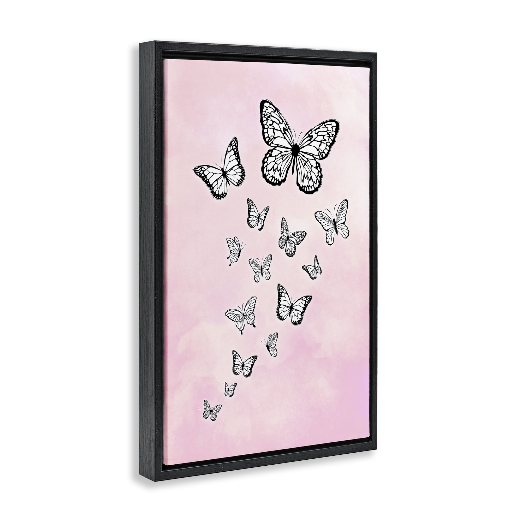 Stupell Industries Pink Fluttering Butterflies Animals Painting Black Floater Framed Canvas Art Print Wall Art, 17 x 25