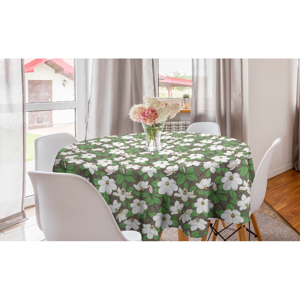 Floral Round Tablecloth, Magnolia Flower Bouquets Blooming Petals