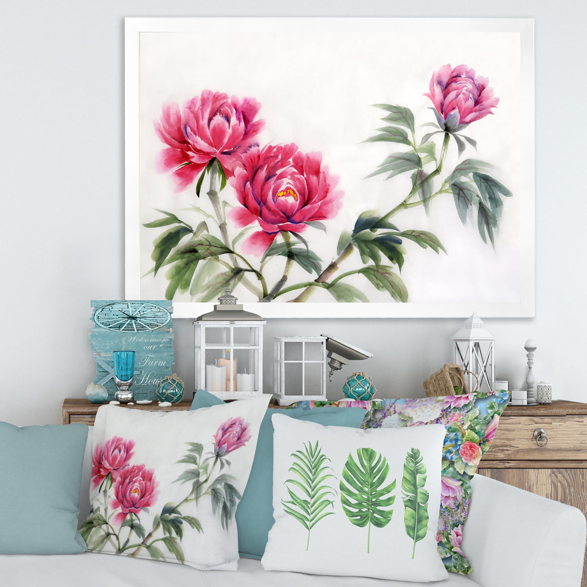 Designart 'Three Vintage Red Peonies Flowers' Traditional Framed Art Print