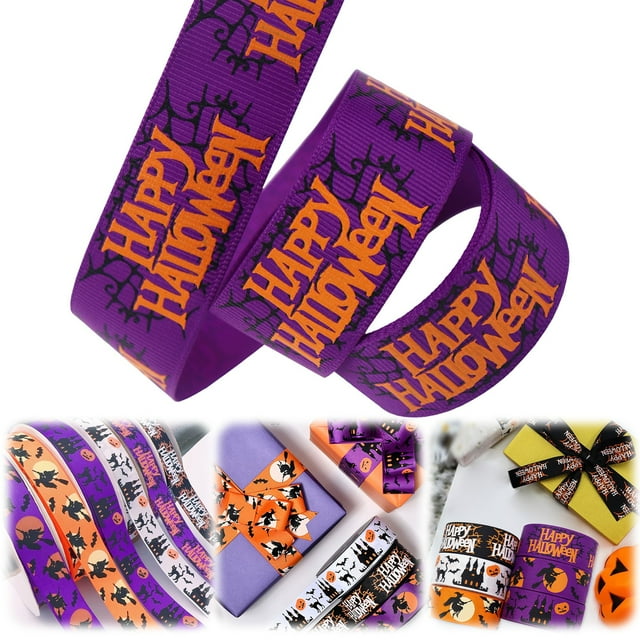 WHEANG 1 10 Yards Halloween Satin Ribbon Witch Hat Pumpkin Printed Ribbon For Wreaths DIY Craft Bows Holiday Decor