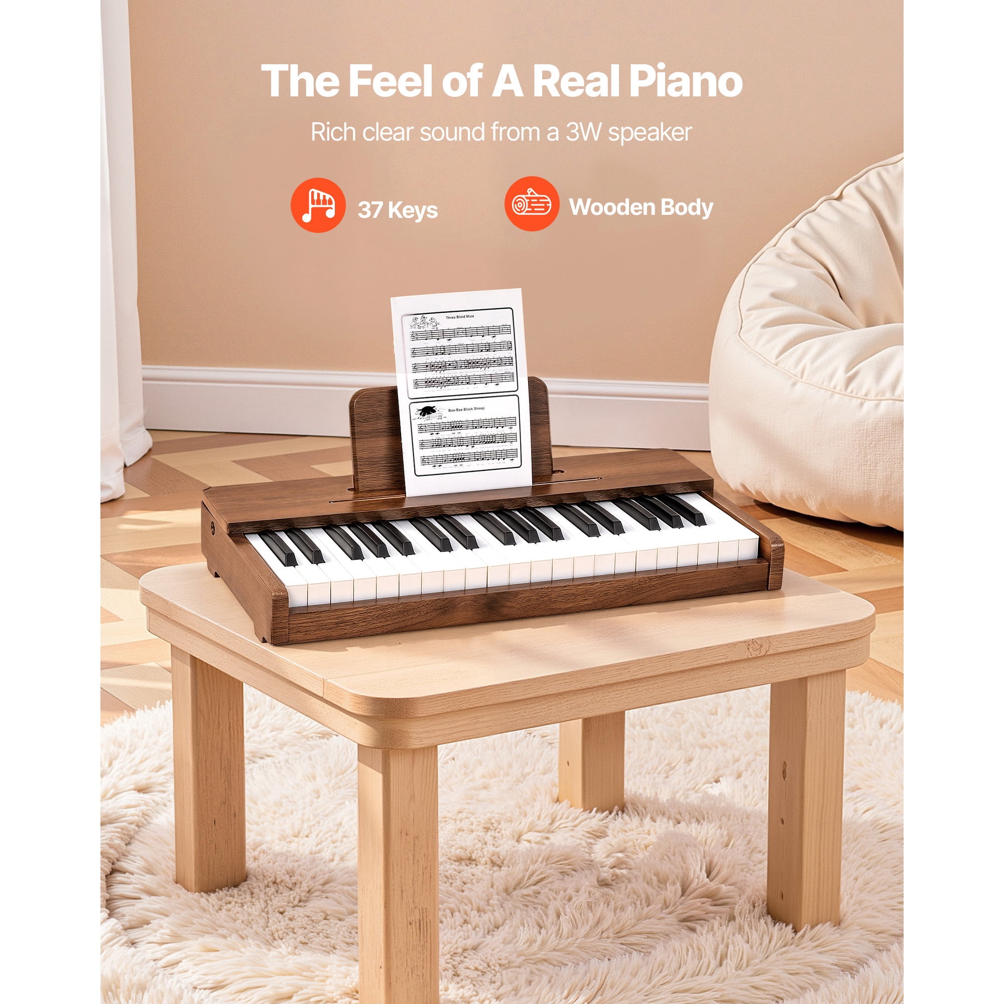 KFFKFF 37-Key Wooden Digital Piano for Kids, Mini Educational Musical Instrument with Realistic Sound, Dual Power Options, Adjustable Volume, Ideal for Toddlers and Children, Walnut Finish