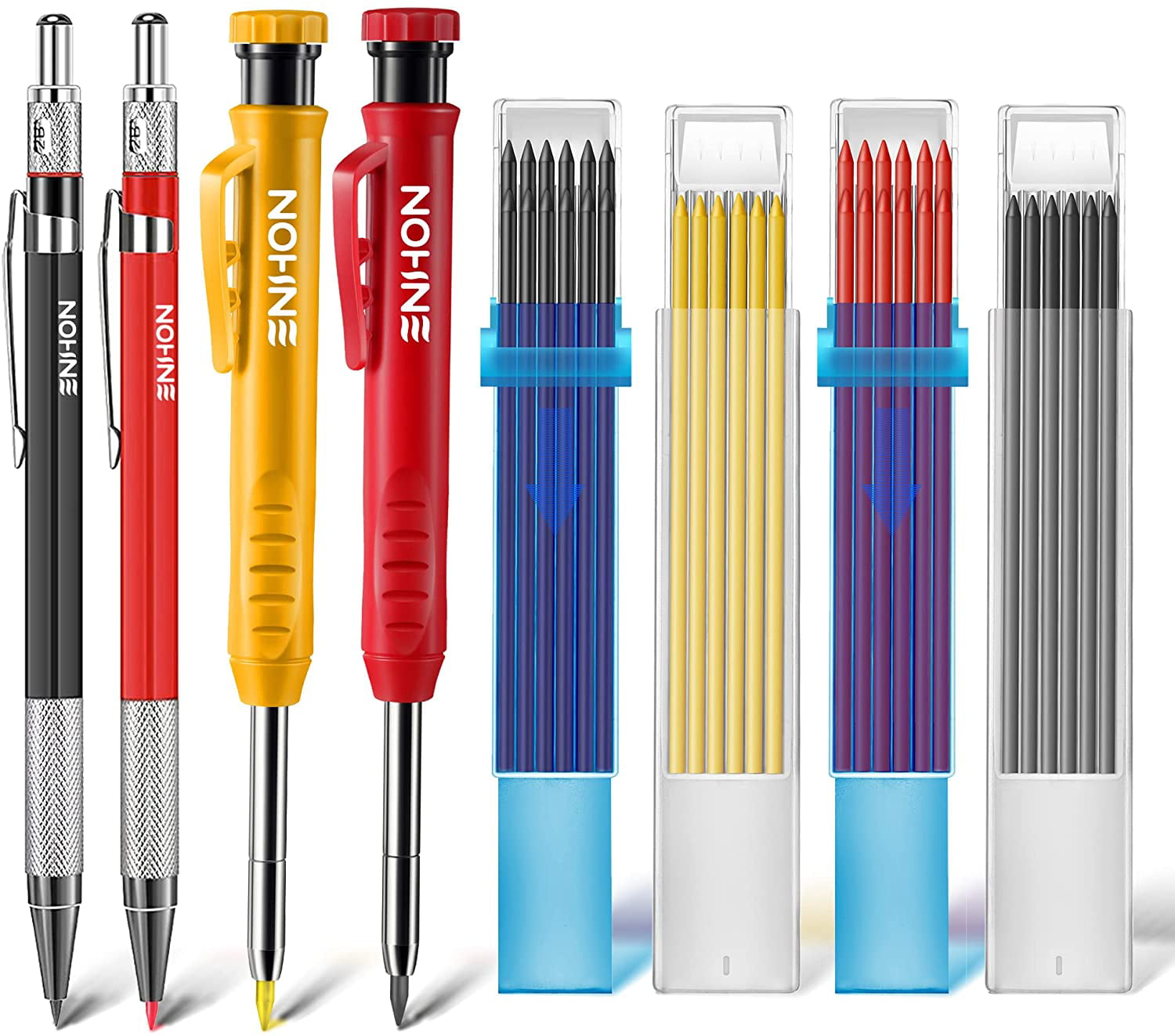 4 Pcs Colorful Deep Hole Pencils Marker Marking Tool with Built-in Sharpener Mechanical Carpenter Pencils Set with 40 Pcs Refills Great for Construction Drafting Architect Woodworking Scriber Tool 