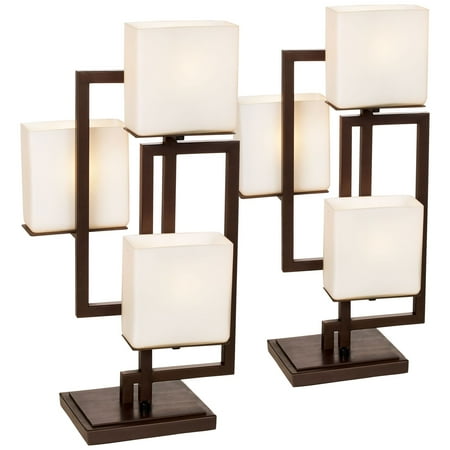 Possini Euro Design Modern Table Lamps Set Of 2 Roman Bronze Metal Opal Glass Rectangular Shade For Living Room Family Bedroom