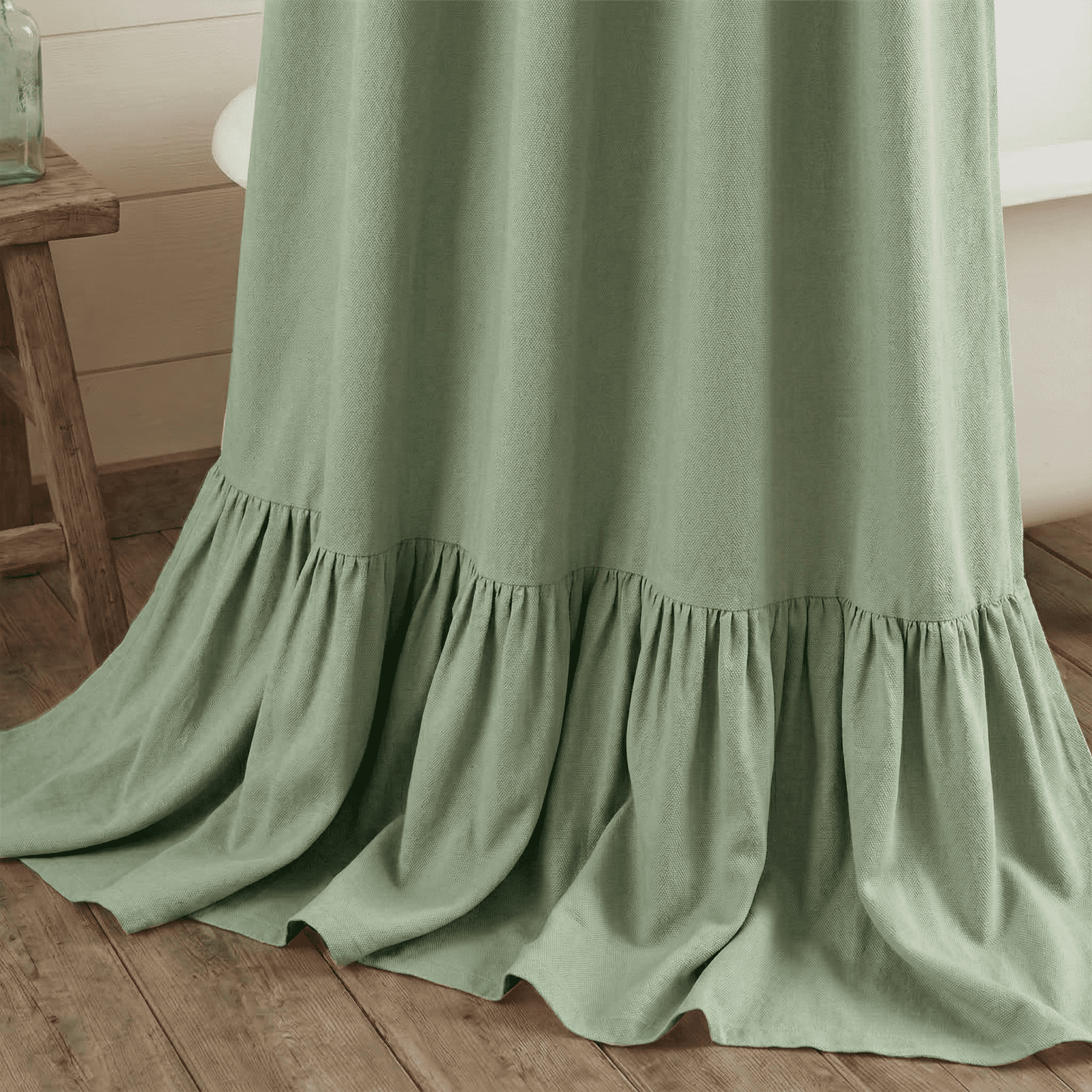NixiYa Farmhouse Shower Curtain Ruffle Linen Shower Curtain for Bathroom 72"x72" Green