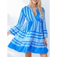 thumbnail image 3 of Liacowi Women Bobo Dress Summer Flowy Dress Casual Contrast Color Loose V Neck Long Sleeve Short Dress for Beach Streetwear, 3 of 9