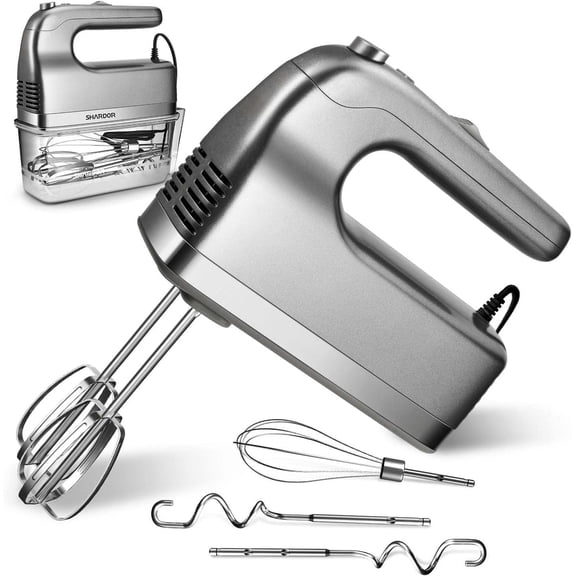 Hand Mixer, 450W Handheld Mixer with Storage Case 5-Speed Plus Turbo Hand Mixer Electric With 5 Stainless Steel Attachments(2 Beaters, 2 Dough Hooks and 1 Whisk), Silver