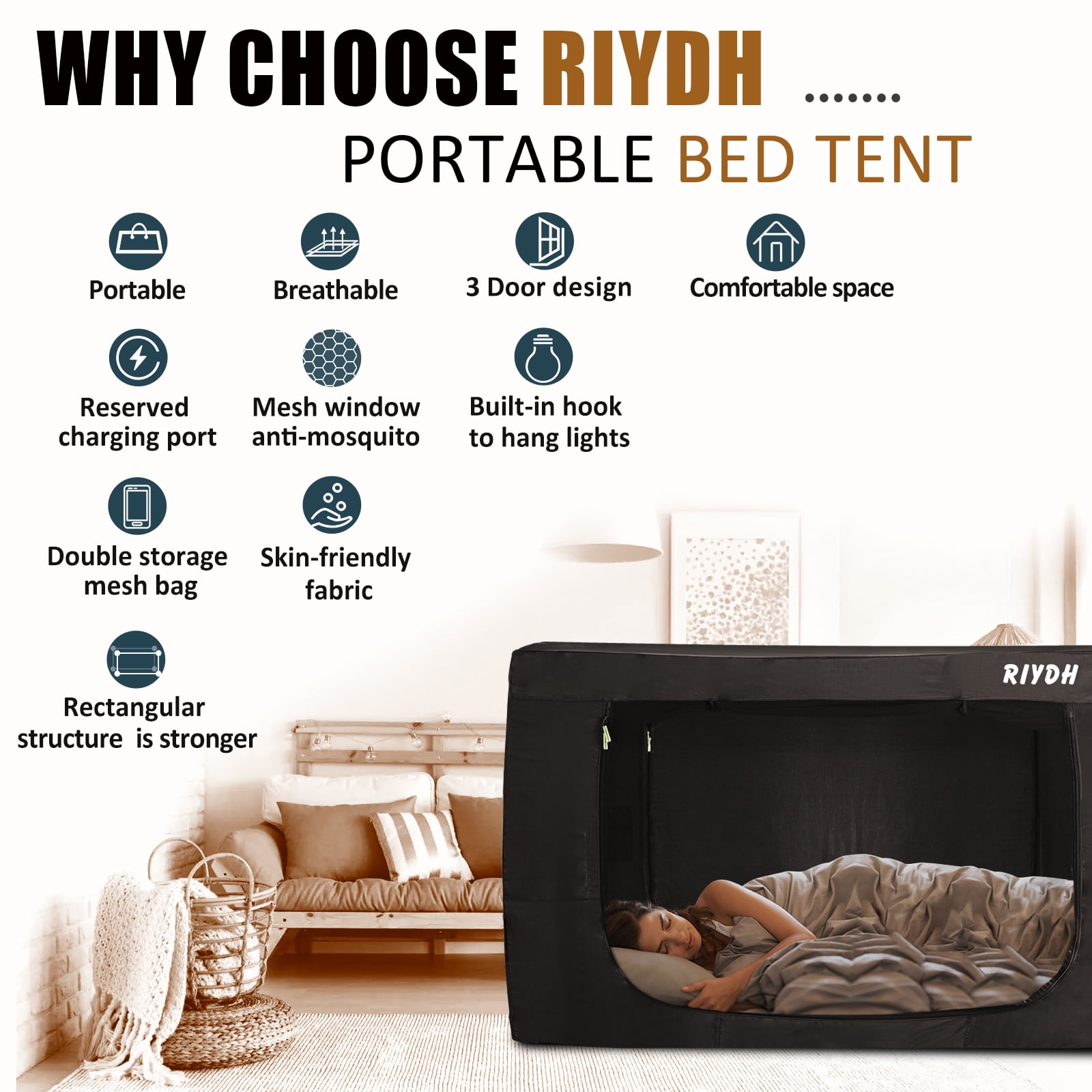 Bed Tent Bunk Twin Bed Canopy Tents for Adult - Portable Dream Tent Indoor Sleeping Tents 93% Blackout with 3 Doors Breathable Big Space Tents