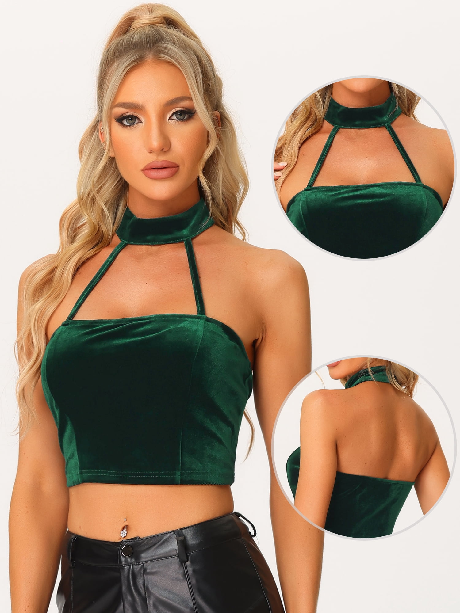 Unique Bargains Women's Velvet Halter Backless Camis Sleeveless Punk Crop Top
