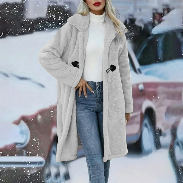 Abrigos y chaquetas vaqueras de manga larga sin capucha para mujer, abrigos de imitación de invierno lisos, chaqueta polar con bolsillos de solapa y manga larga, abrigo informal de moda para mujer