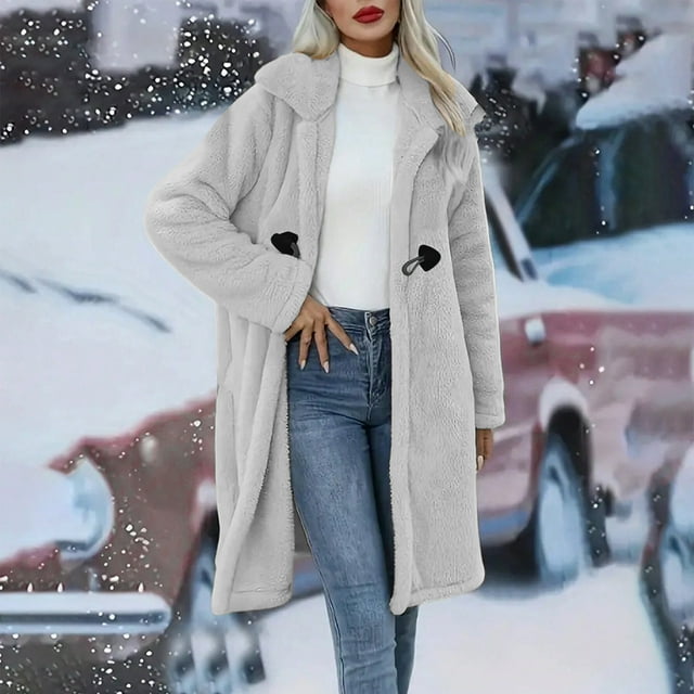 Abrigos y chaquetas vaqueras de manga larga sin capucha para mujer, abrigos de imitación de invierno lisos, chaqueta polar con bolsillos de solapa y manga larga, abrigo informal de moda para mujer