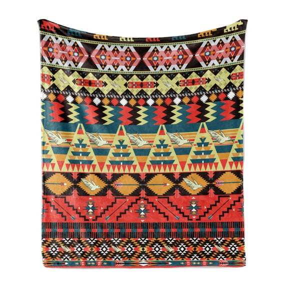 Ethnic Soft Flannel Fleece Throw Blanket, Classic Traditional Pattern Image Bird Flower Arrow Natural Ethnic, Cozy Plush for Indoor and Outdoor Use, 50" x 60", Multicolor, by Ambesonne
