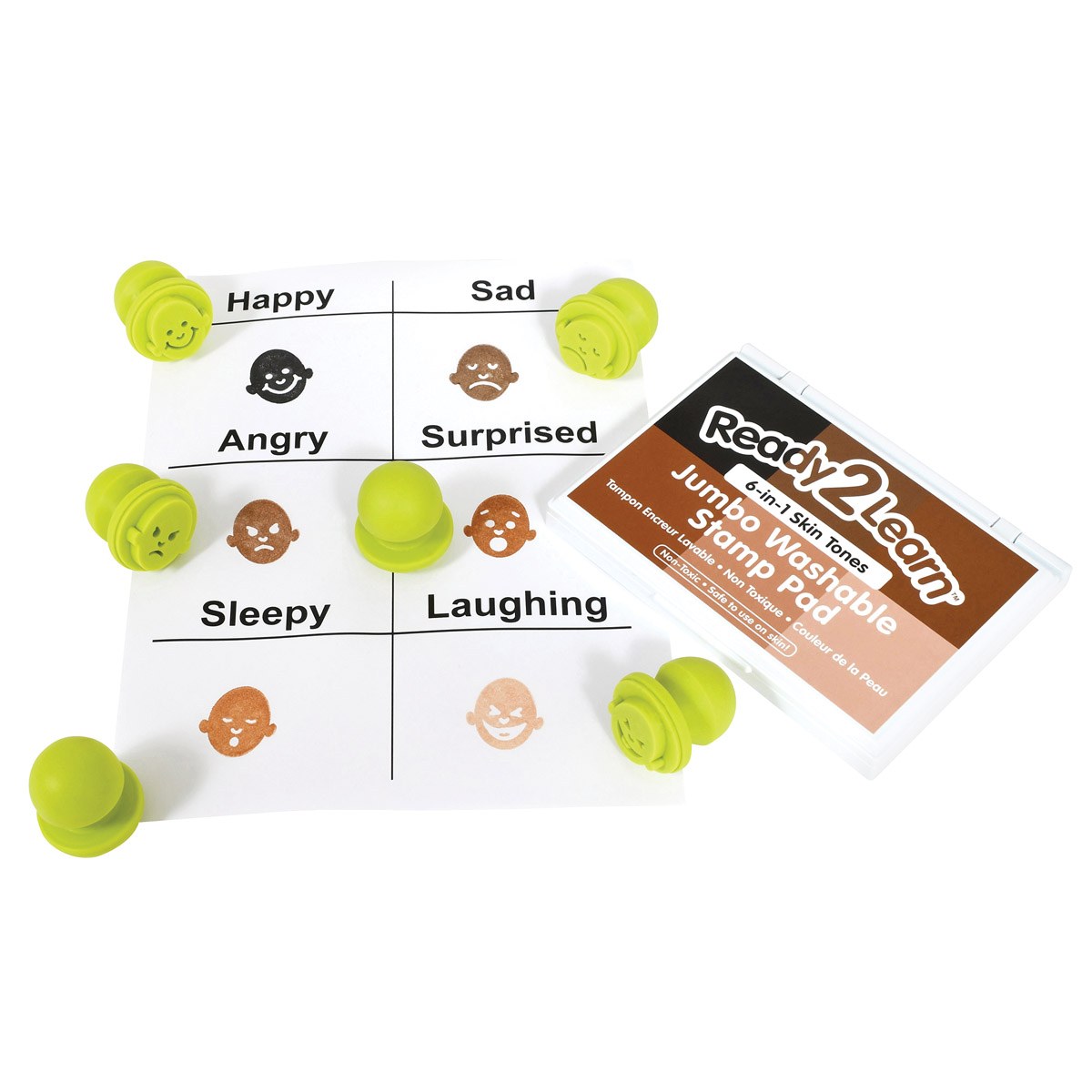 Learning Advantage Easy Grip Emotion Stampers & Jumbo 6-in-1 Skin Tone Ink Pad