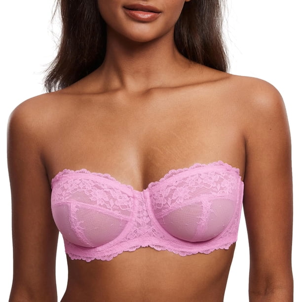 Corpiño DOBREVA 34DD Sin Relleno, de Encaje, Sin Tirantes y Convertible Rosa