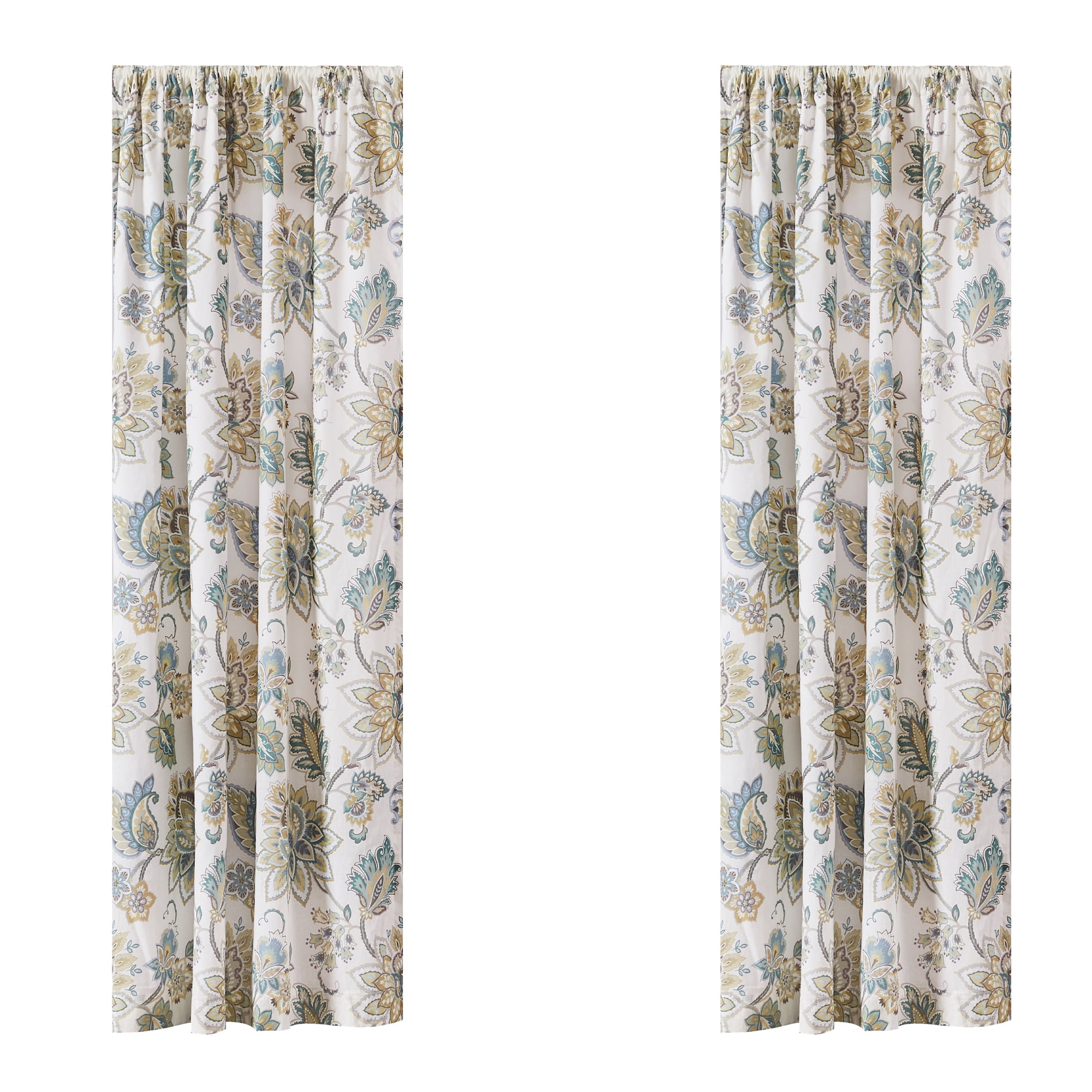 Levtex Home - Palladium Grey - Window Panels with Rod Pocket - Two Curtains 84 inch Length - Jacobean Floral - Grey, Taupe, Turquoise, Brown - 100% Cotton - Lined