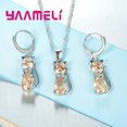 thumbnail image 4 of Juegos de joyas para mujer y niña, Plata de Ley 925 auténtica, cristal austriaco brillante, bonito collar con colgante de gato, pendiente Huggie, 4 of 5