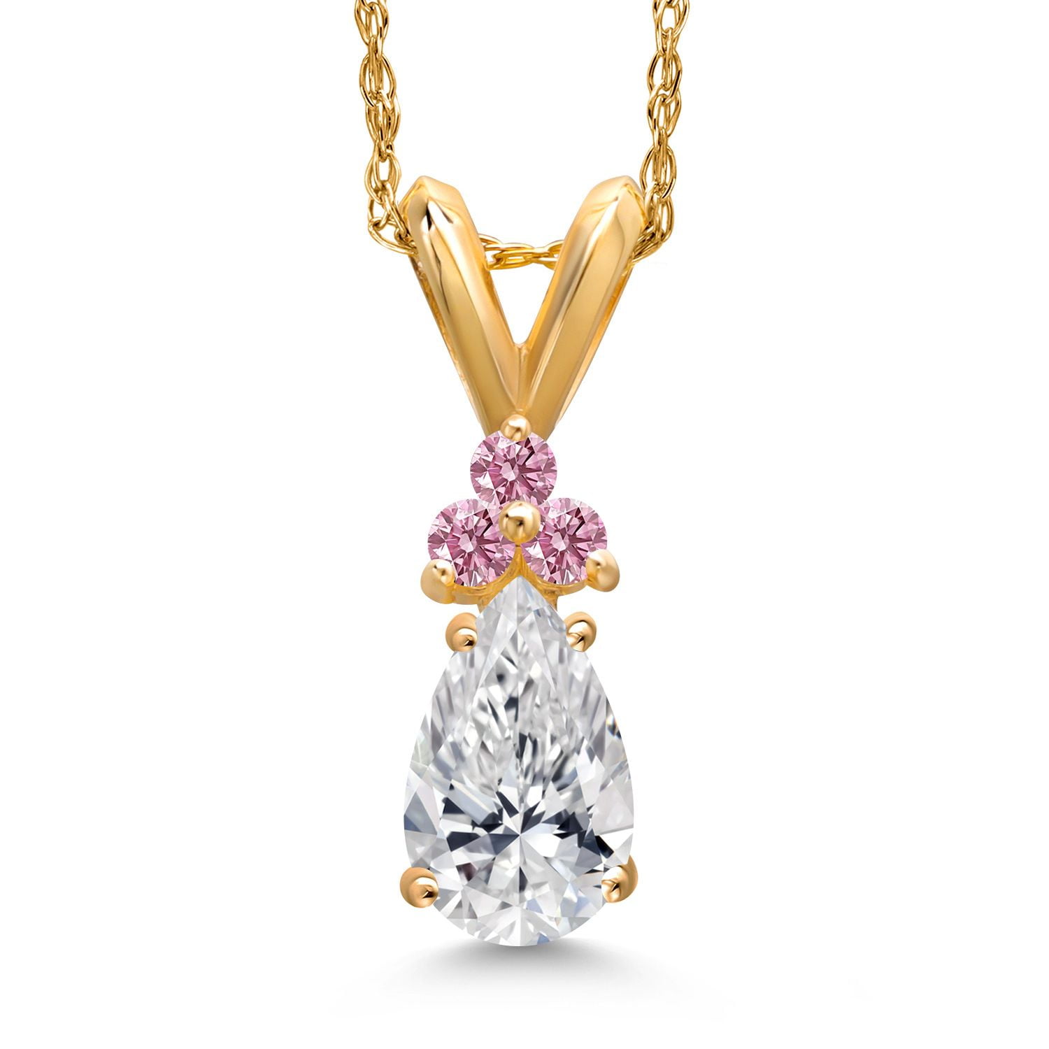 Gem Stone King 14K Yellow Gold DEF Lab Grown Diamond and Pink Lab Grown Diamond Pendant Necklace for Women | 0.58 Cttw | Gemstone April Birthstone | Pear Shape 7X5MM | With 18 inch Chain