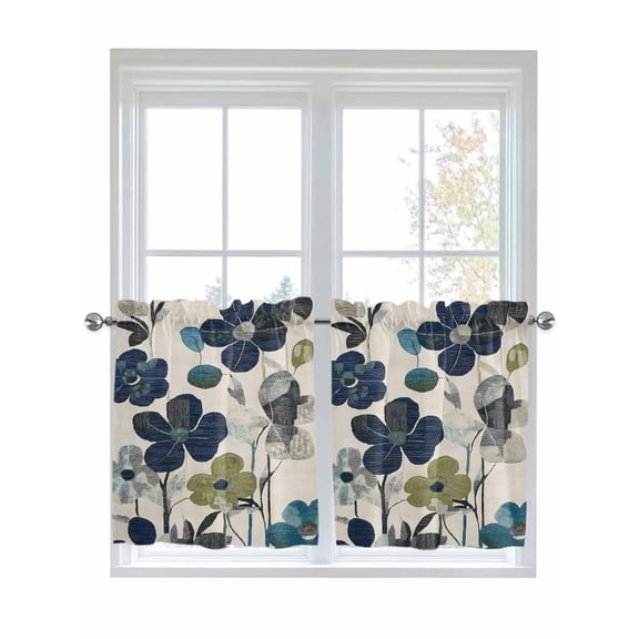 Half Window Curtains 24 Inches Long, Navy Blue Green Floral Window Treatment Curtain Drapes, Vintage Botanical Leaves Short Curtains Tiers for Kitchen Over Sink, 27.5"x24", 2 Panels
