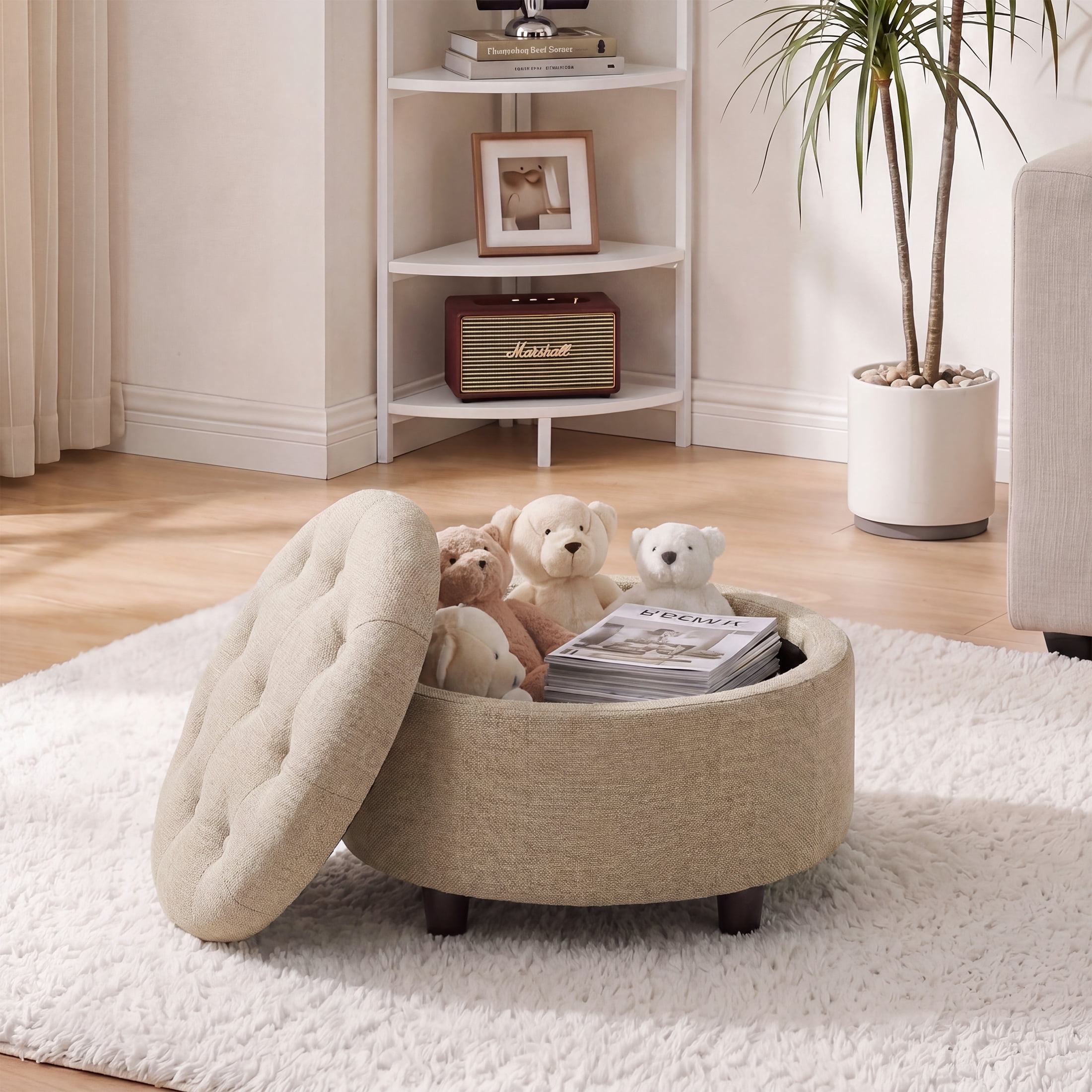Camel Round Ottoman with Storage and Reversible Tray, Upholstered Fabric Footrest Coffee Table for Living Room, Bedroom, Entryway-25 Inch