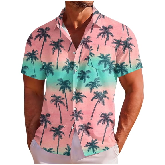 Men's Hawaiian Shirts Short Sleeve Button Down Casual Shirts Summer Printed Tropical Floral Beach Shirts Pink S
