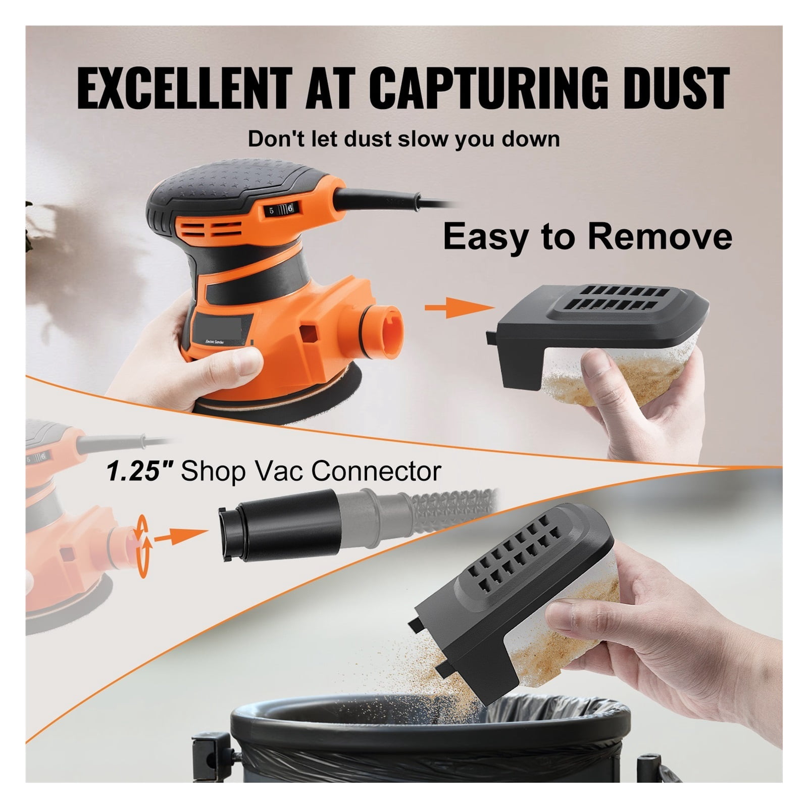Random Orbit Sander,350W Orbital Sander,6 Speeds W/ 2pcs Hook-and-loop Connecto Rfor Woodworking Detailing Finishing