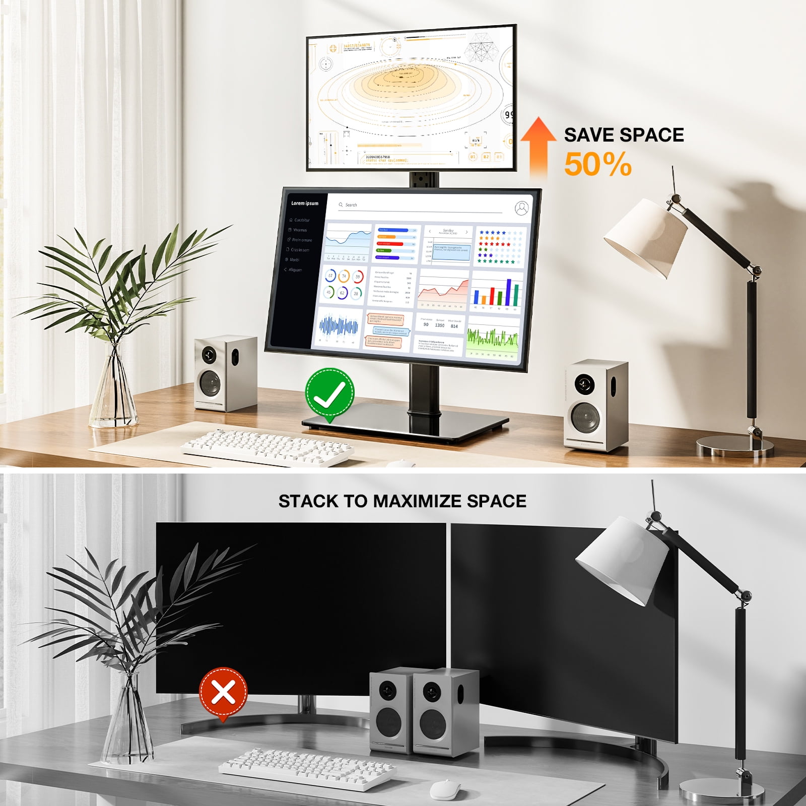 Dual Monitor Mount, 360° Rotation Dual Monitor Fits Two 13-38 in Computer Screens with ±70° Swivel, Tilt, Height Adjustable Tabletop Desk Mount Stand