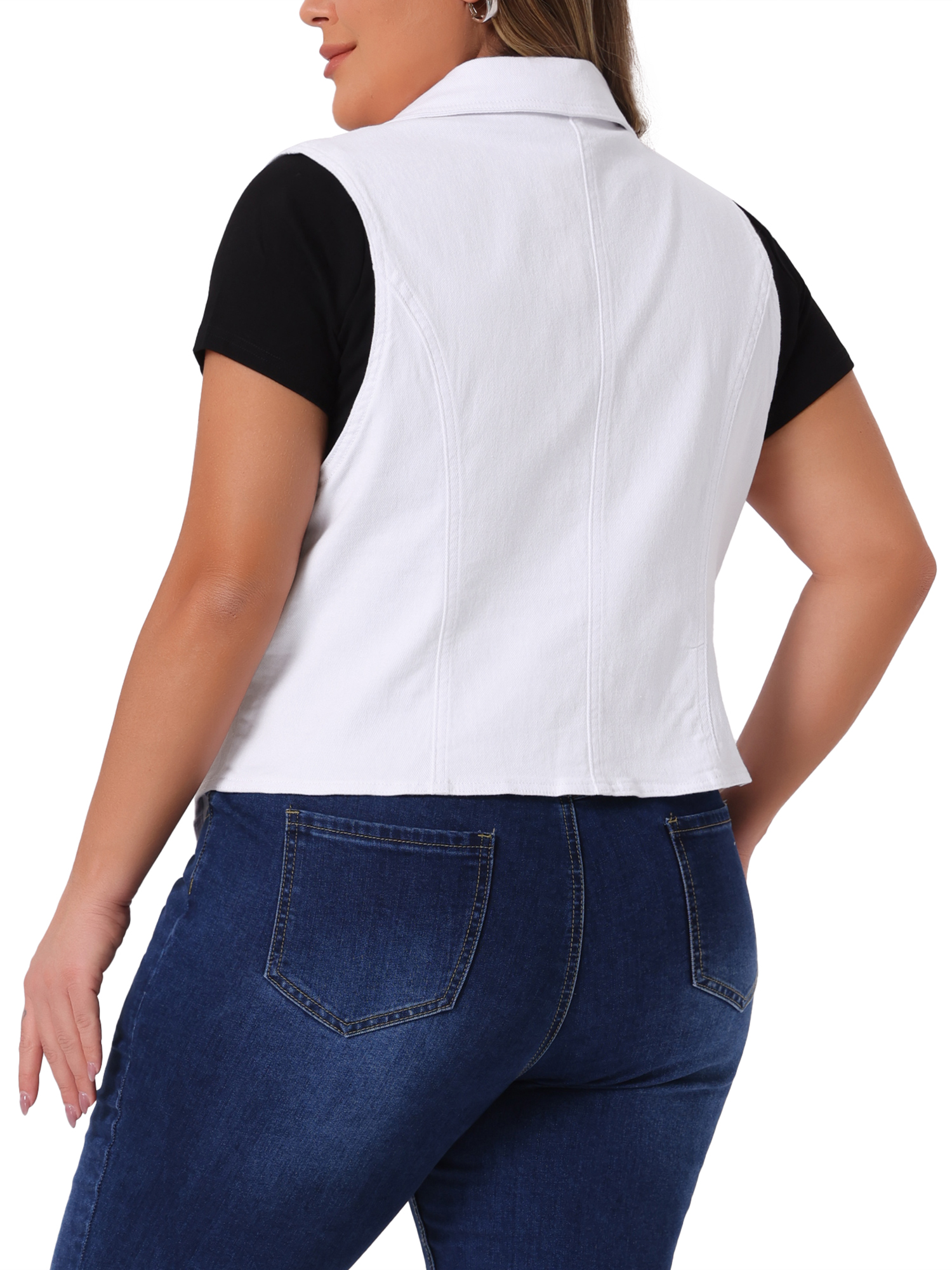 DARING DIVA Women's Plus Size Lapel Sleeveless Waistcoat Jean Vest Jacket 1X White