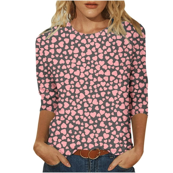 WREESH Women's 3/4 Sleeve T Shirts Valentine's Trendy Printed Blouses 2025 Spring Summer Casual Pullover Tops Gray