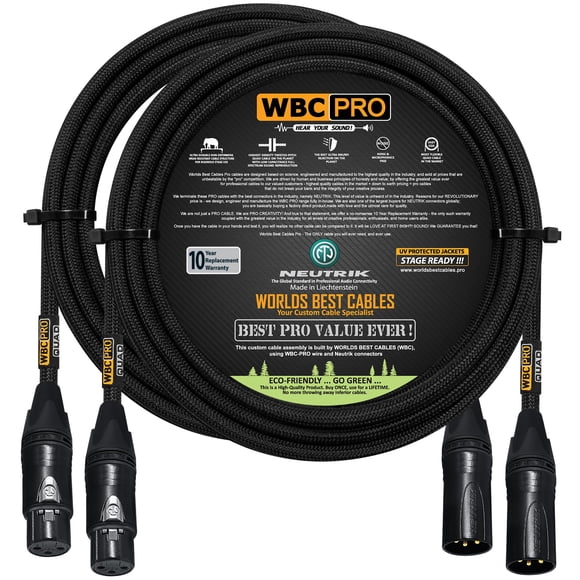 2 Units - 10 Foot - WBC-PRO-Quad Ultra-Silent Ultra-Flexible Balanced Star-Quad Microphone Cable with Neutrik Male & Female XLR P