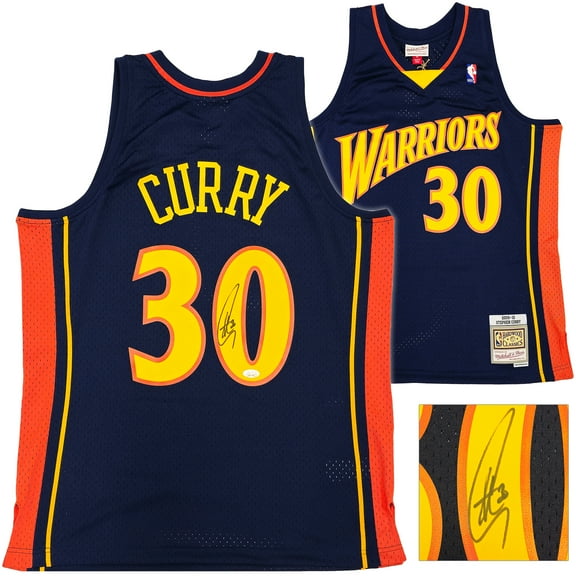 Golden State Warriors Stephen Curry Autographed Blue Authentic Mitchell & Ness 09-10 HWC Swingman Rookie Year Replica Jersey Size L JSA 234075