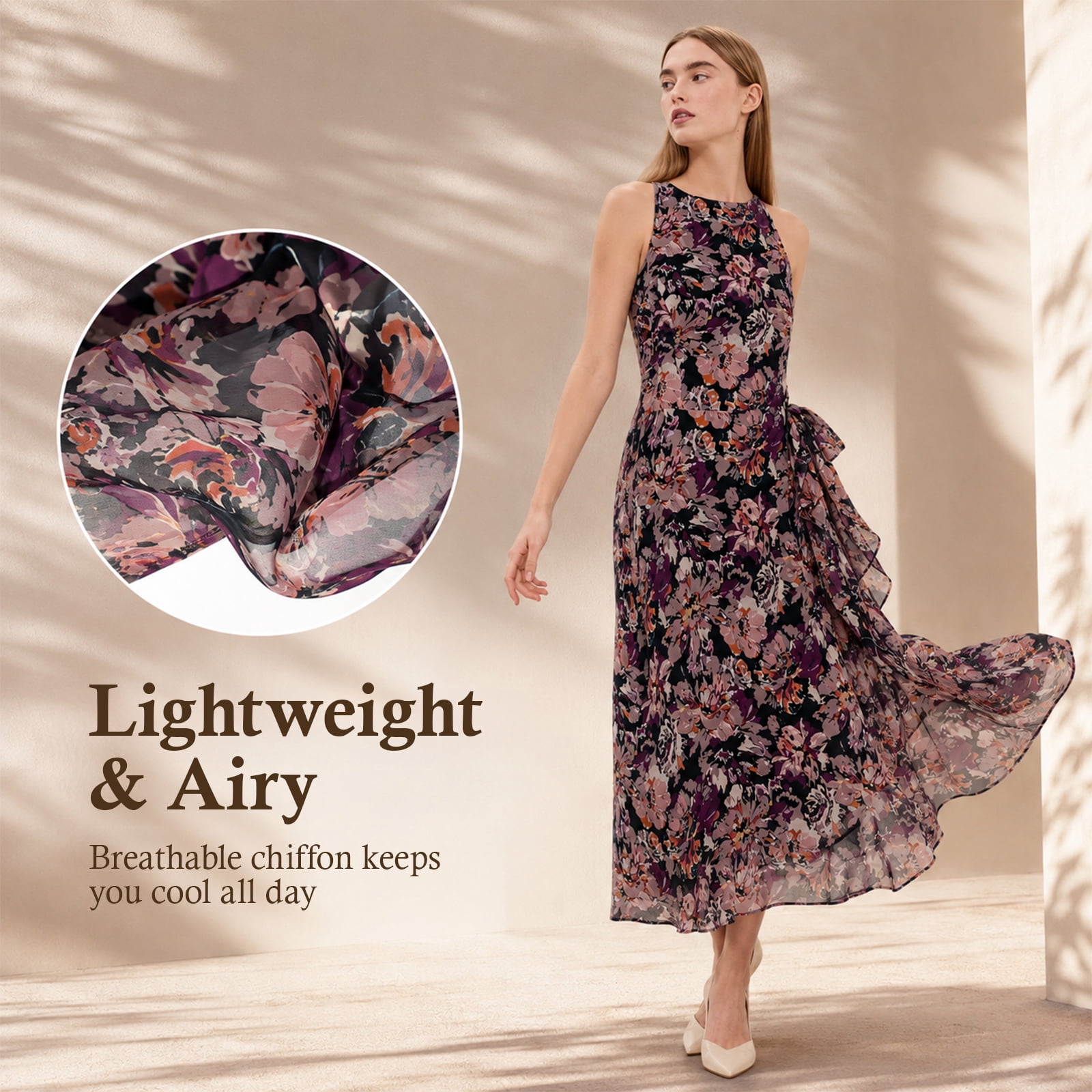 Alvantor Summer Dress for Women Burgundy Multi Floral Print Poly Chiffon