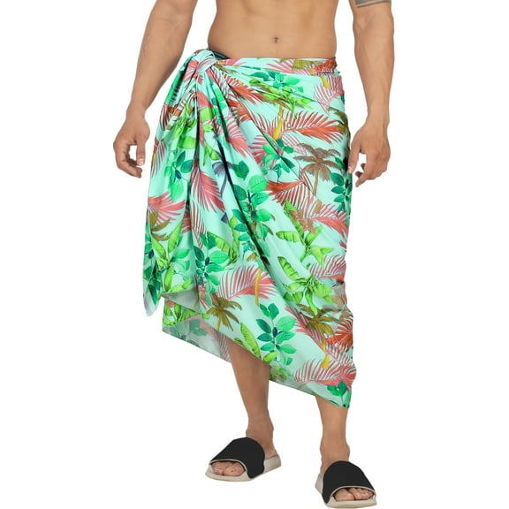LA LEELA Men's Swim Bath Trunk Swimsuit Regular Surfing Swimwear Sarong Long Pareo Beach Wrap One Size Cyan, Palm Tree Summer Vacation Aloha
