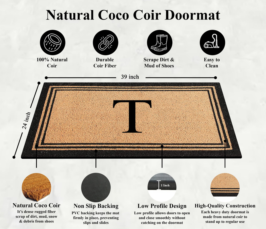 A1HC Black/Beige 24 in x 39 in Front Door Mat Coir PVC Classic Border Entryway Mat Heavy Duty Boot Scrapper Monogrammed Doormat