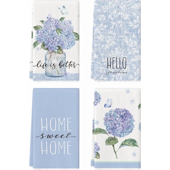 4 Pcs Blue Spring Hydrangeas Kitchen Towels, 27.5x20 Inch Watercolor Floral Decorative Kitchen Hand Towels, Summer Farmhouse Absorbent Dishcloth Fast Drying for Cooking (Hydrangeas)