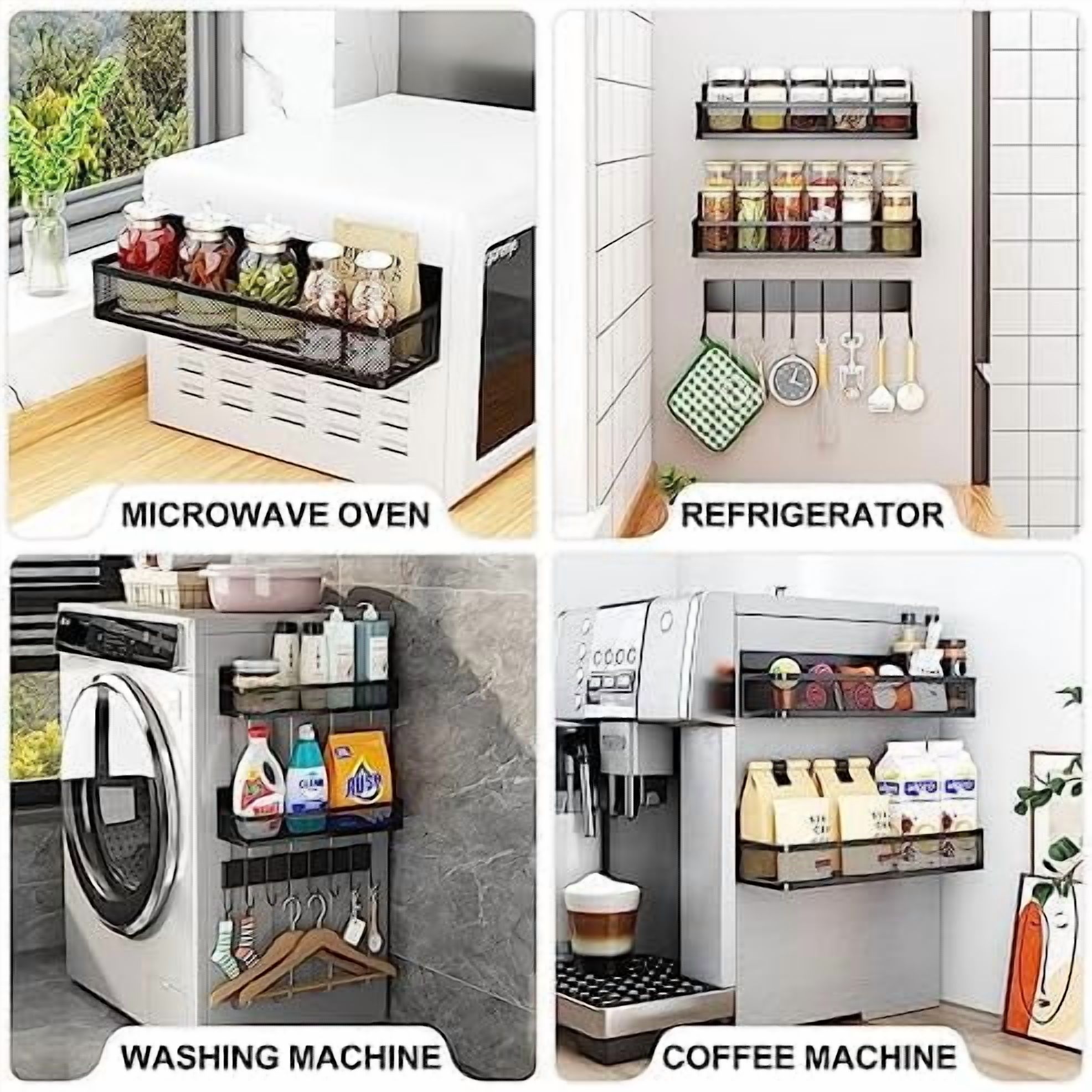 Magnetic Spice Rack for Refrigerator, 3 Pack Magnetic Shelf, Moveable Fridge Organizer with 8-Hook Rack, Seasoning Organizer for Kitchen