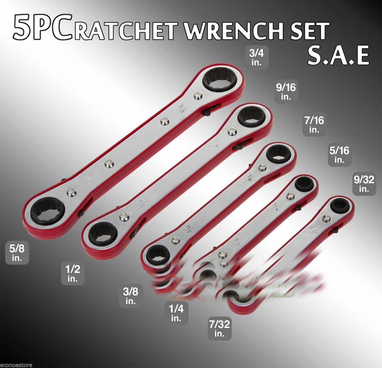 5pc Sae Standard Size Box Closed End Gear Ratchet Ratcheting Wrench