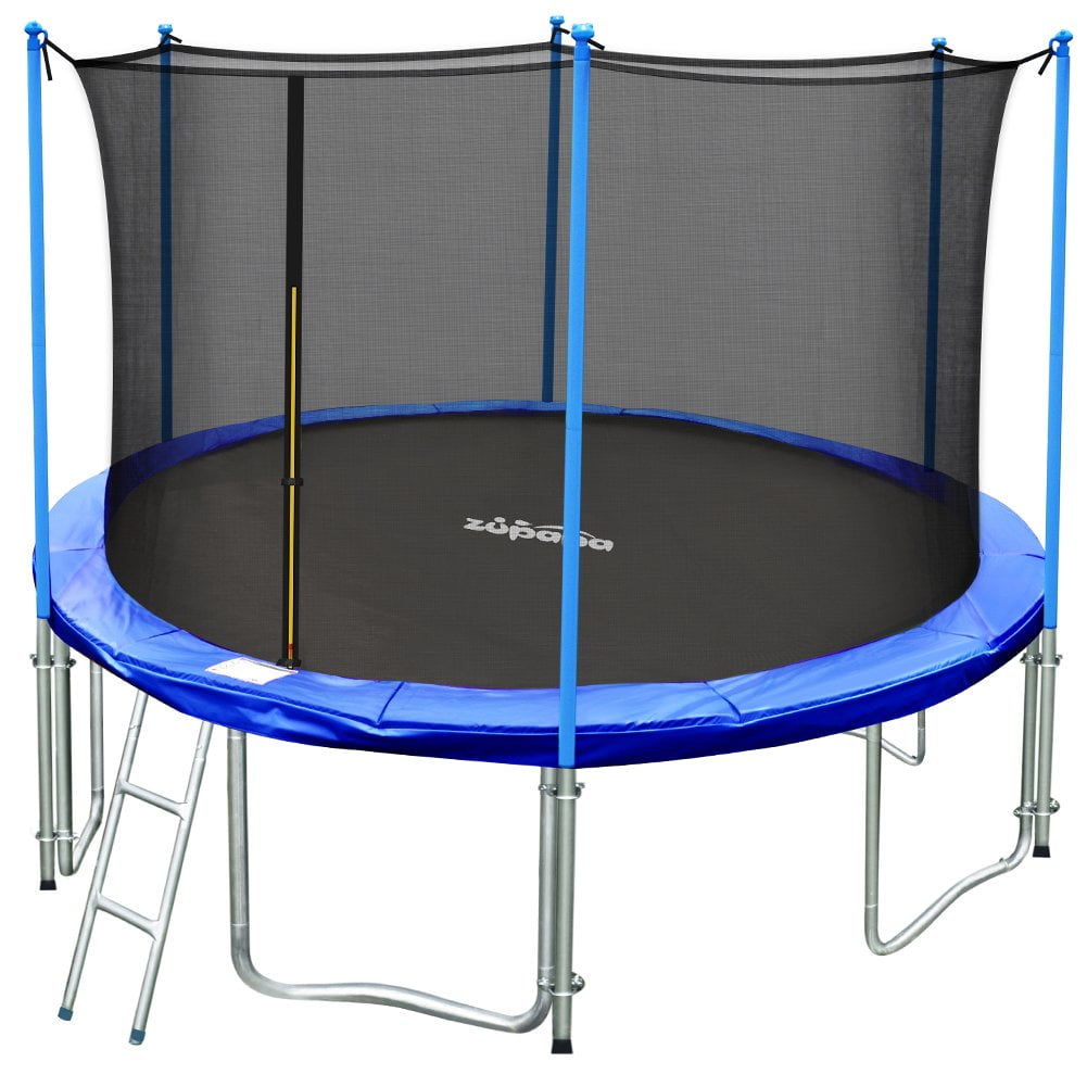 T&Uuml;V Approved Zupapa 14FT Round Trampoline with Enclosure, Ladder, Safety Pad &amp; Cover - Blue
