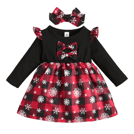 

Mikrdoo Baby Girls Dress Plaid Snow For Christmas Ruffle Sleeve Winter Dress With Headband Black 9-12Months