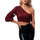 thumbnail image 3 of Camiseta de manga larga con lentejuelas y hombros descubiertos para mujer XBTCLXEBCO Vino Rojo, Chico, 3 of 6