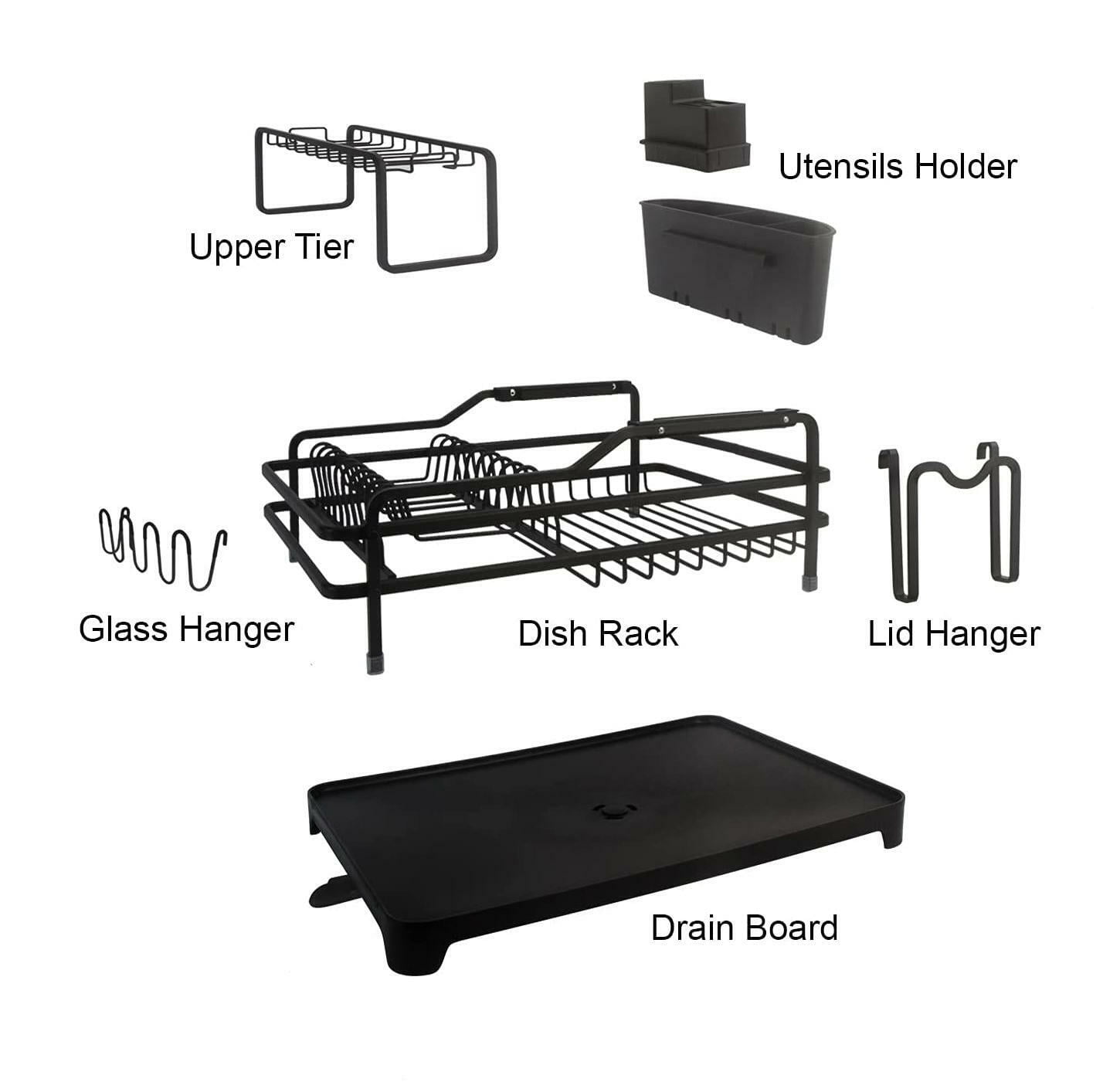 Evelyne GMT-10353-A Black Aluminum Dish Drying Rack with Utensil Holder - 2 Tier Kitchen Countertop Rust Proof Dish Rack and Drainboard Set - Large Dish Organizer Rack
