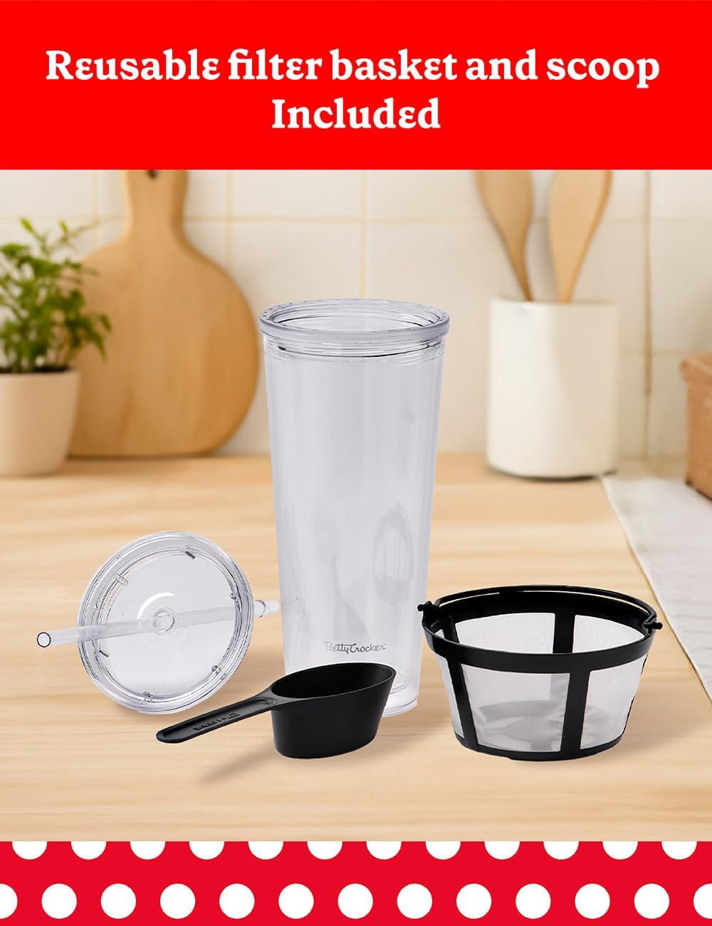 Betty Crocker Coffee Maker for Iced & Hot Brew, Brews in 4 Minutes, Compact Iced Coffee Machine with Chrome Accents, Reusable Filter, BPA-Free 20-Oz Tumbler & Straw, BC-4869B, Black