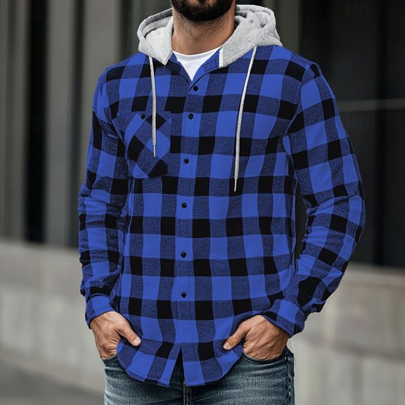 LYSMORA Mens Plaid Button Down Hooded Shirt Long Sleeve Chest Pocket Casual Outdoor Hoodie Shacket