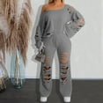 thumbnail image 2 of successthop 2 Piece Lounge Set Women Ripped Off Shoulder Long Sleeve Crewneck Sweatshirt and Sweatpant Solid Sportwear, 2 of 7