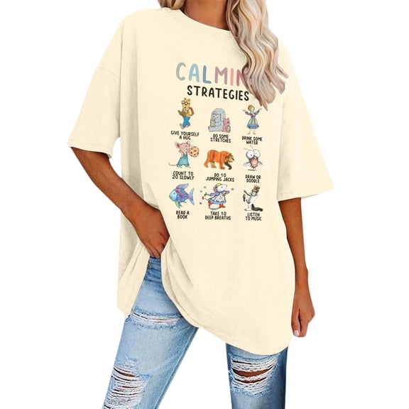 Womens T Shirt Women's Cartoon Graphic Print Oversized Casual Short Sleeve T Shirt Loose Fit Soft Top Everyday Wear Crew Neck Beige L