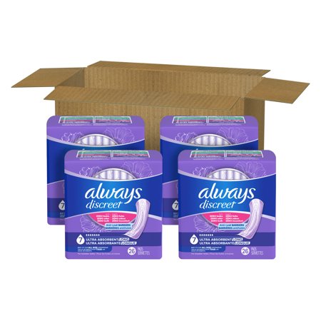 ALWAYS DISCREET PADS, ULTRA ABSORBENCY, LONG LENGTH, 104 COUNT