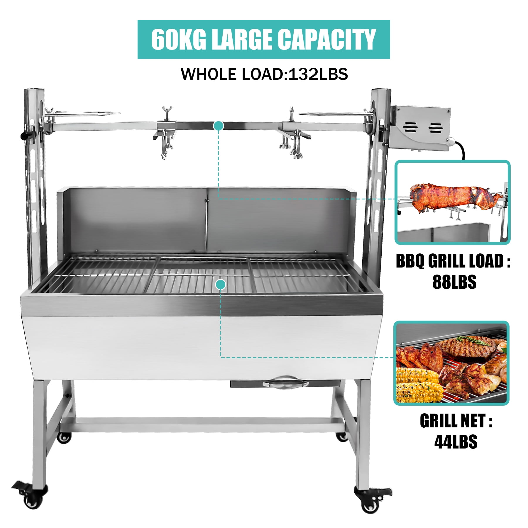 RIGMEC 25W Electric Grill, 132Lbs Stainless Steel Rotisserie, Portable Roasting Machine with Wheels, Motor & Wind Baffle for Pig, Chicken and Lamb Barbecue