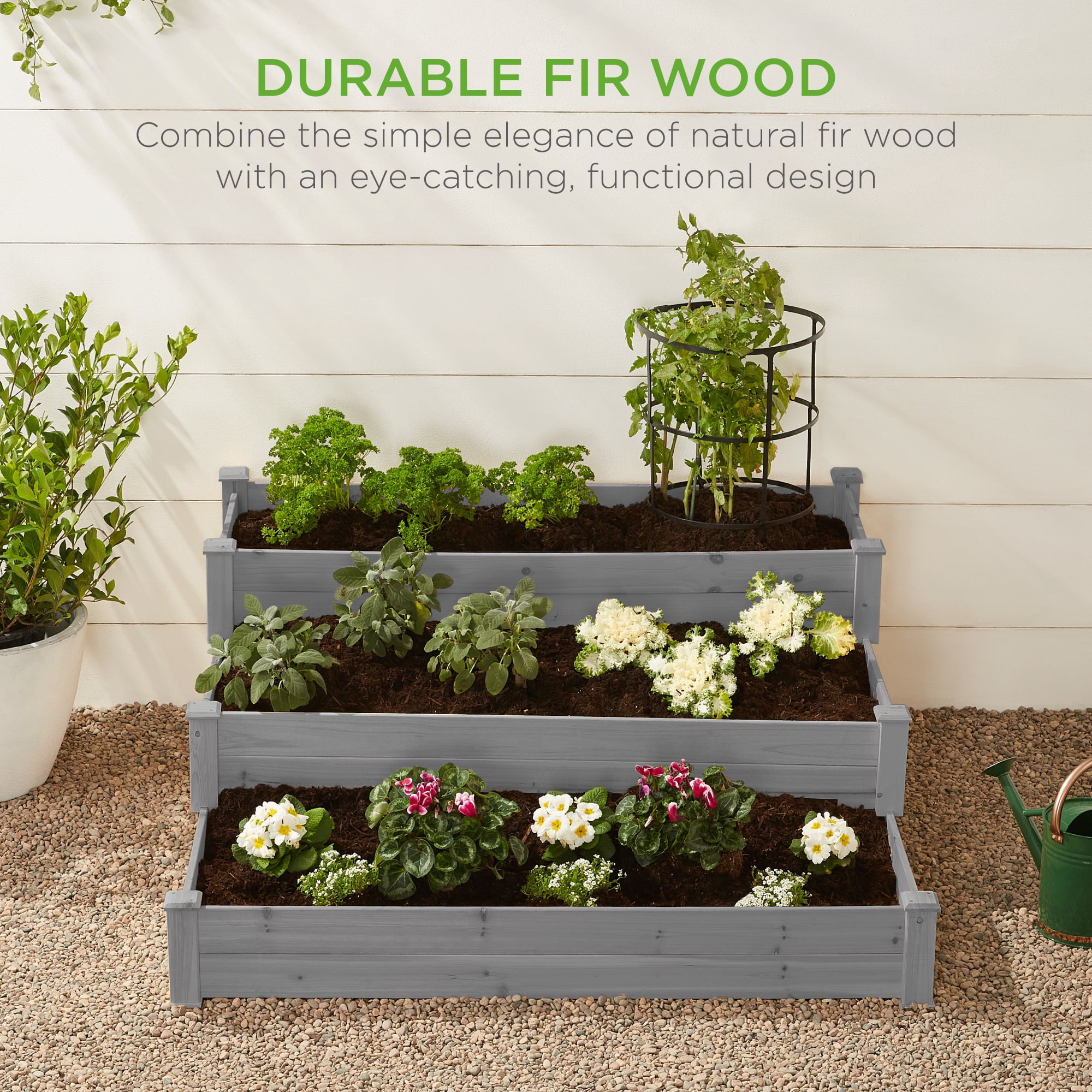 Best Choice Products 3-Tier Fir Wood Raised Garden Bed Planter for Plants, Vegetables, Outdoor Gardening - Gray
